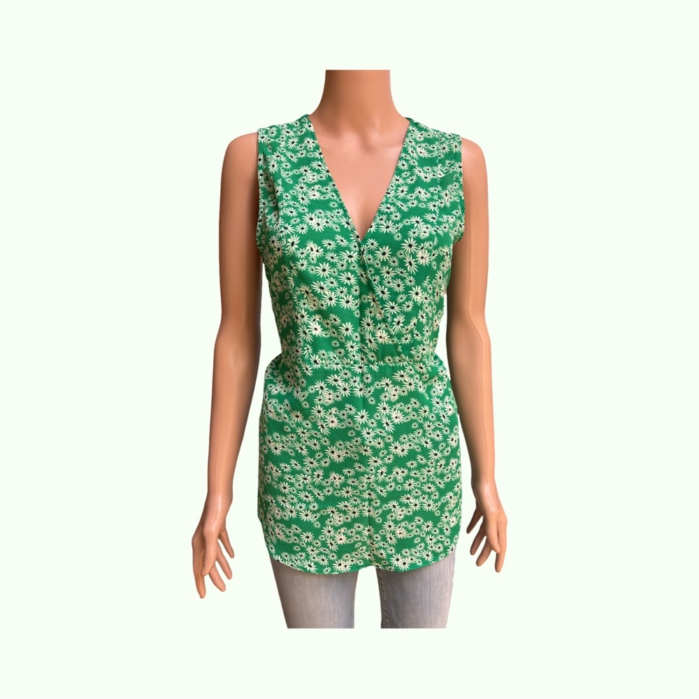 Rose & Olive Green Sleeveless Faux Wrap Floral Tank Top Medium